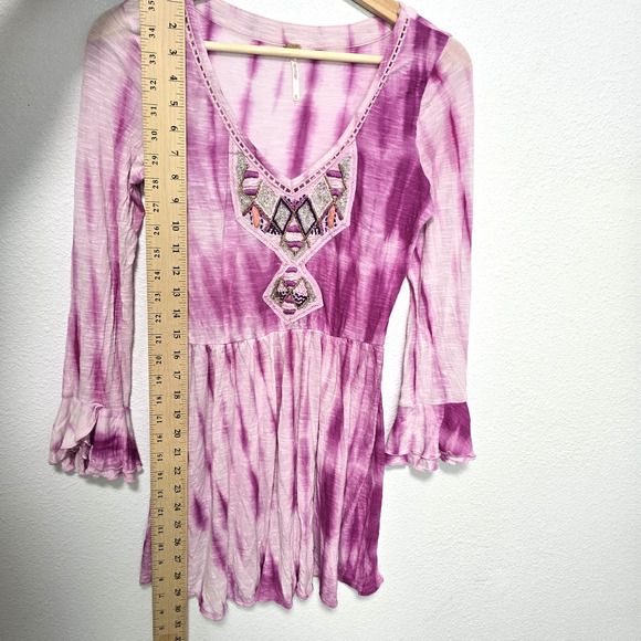 Free People Sun Up Pink Beaded Tie Dye Ombre Mini Dress Tunic Size XS Beaded - Picture 6 of 7